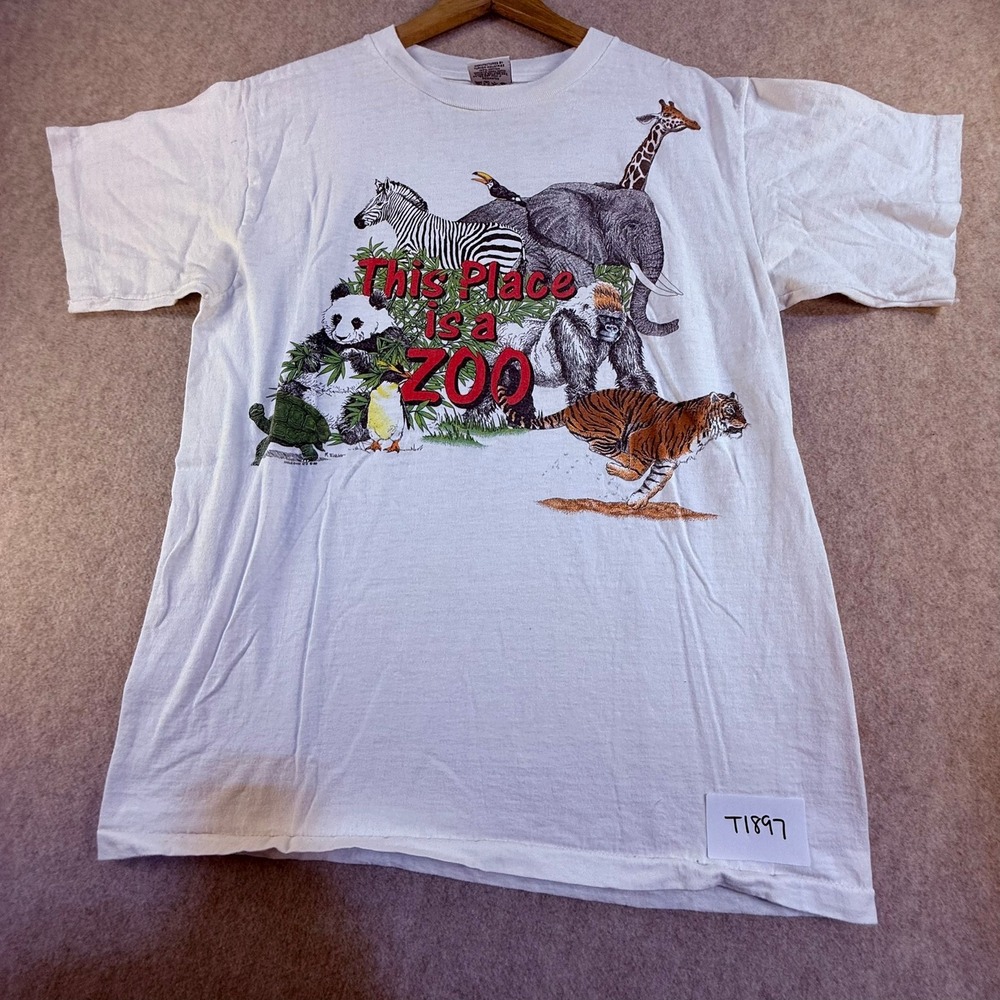 Vintage‎ 1988 Harlequin Nature Graphics This Place Is A Zoo T-Shirt White Large